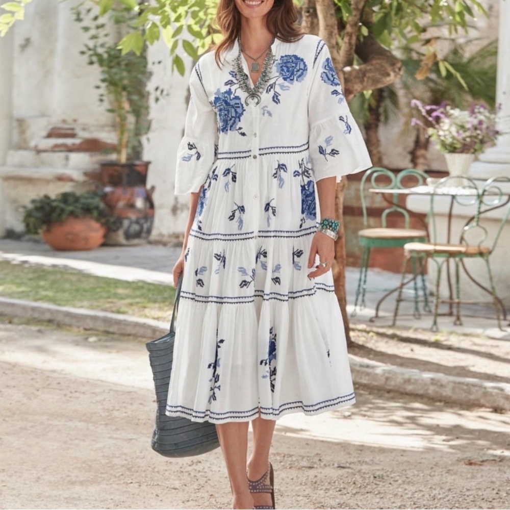 Sundance Meline Blooms Maxi Dress Embroidered Medium Blue White